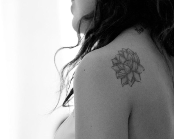 Grey Ink Rhododendron Flower Tattoo On Girl Left Back Shoulder