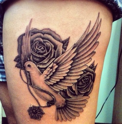 Grey Ink Roses And Flying Dove Tattoo On Side Thigh