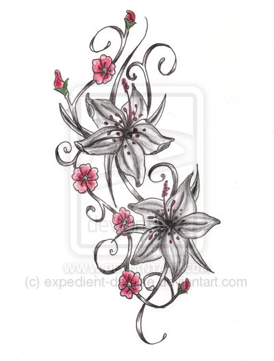 Grey Lily Flowers And Cherry Blossom Tattoo Design