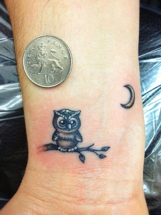 Grey Moon And Baby Owl Tattoo On Wrist