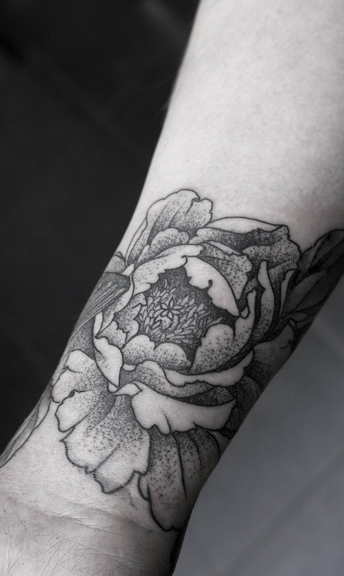 Grey Peony Flower Wrist Tattoo