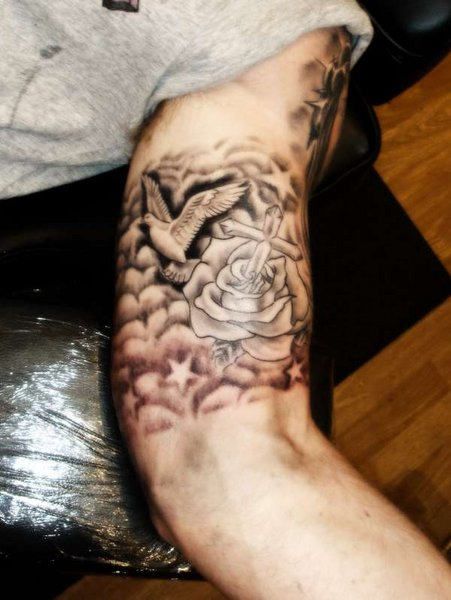 Grey Rose And Flying Dove Tattoo On Inner Bicep