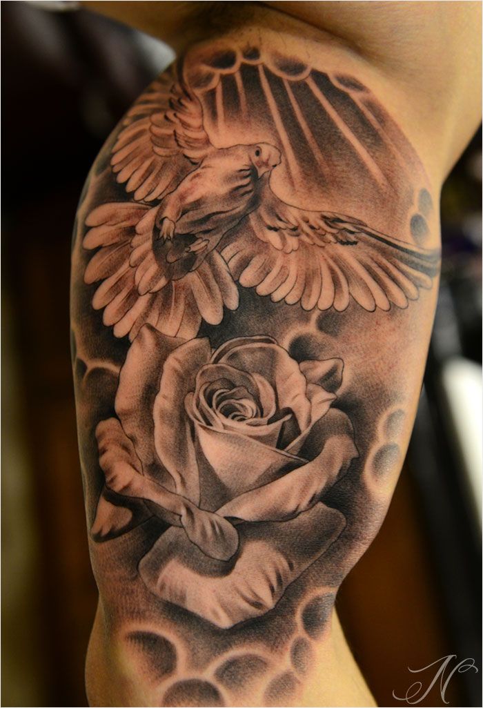 Grey Rose Flower And Dove With Clouds Tattoo
