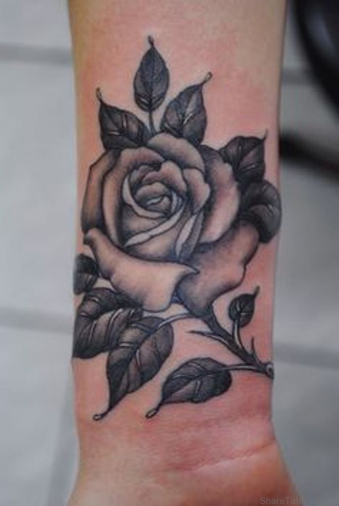 Grey Rose Flower Wrist Tattoo