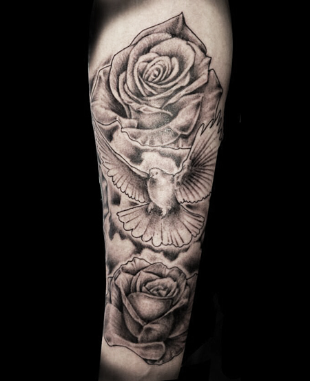 Grey Rose Flowers And Dove Tattoo Idea