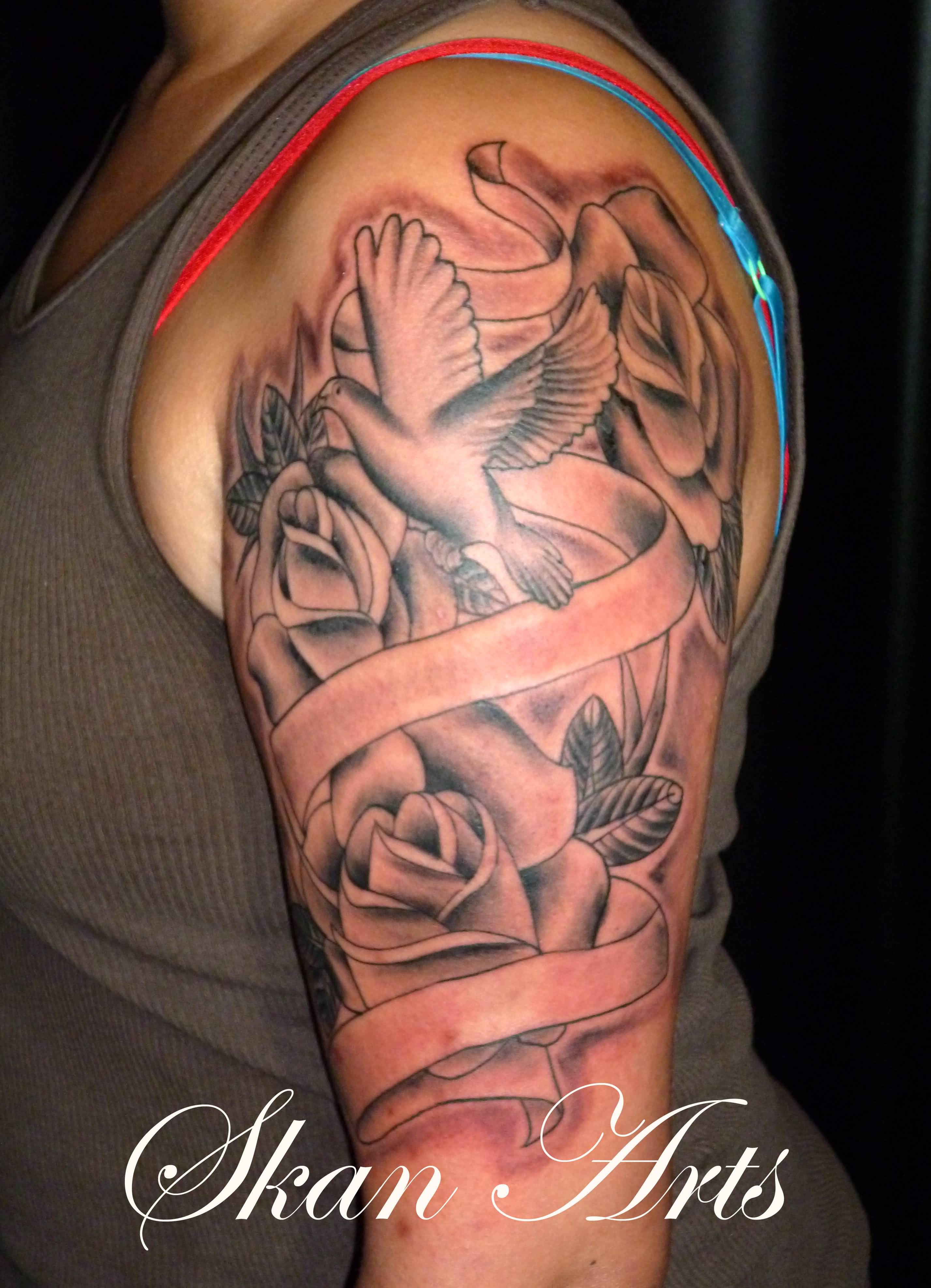 Grey Rose Flowers And Flying Dove Tattoo On Left Half Sleeve