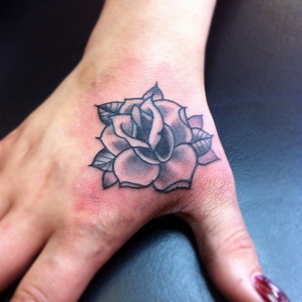 Grey Rose Tattoo On Girl Right Hand