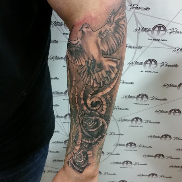 Grey Roses And Dove With Clouds Tattoo On Left Arm