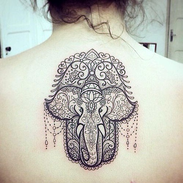 Hamsa Indian Elephant Tattoo On Upper Back