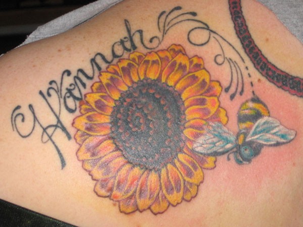 Hannah Realistic Sunflower Tattoo On Left Back Shoulder
