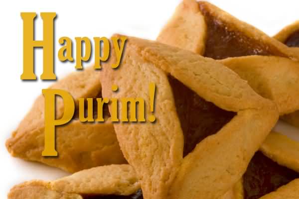 Happy Purim Hamantashen Cookies In Background