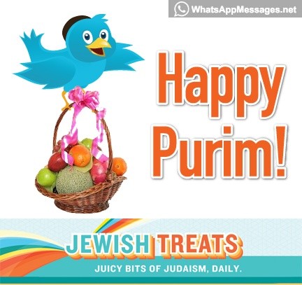 Happy Purim Jewish Treats Bird With Basket Of Fruits