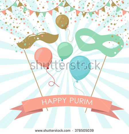 Happy Purim With Carnival Masks And Balloons