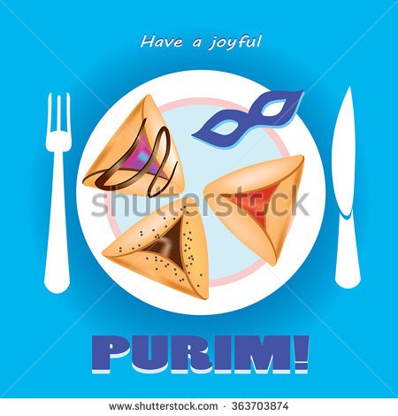 Have A Joyful Purim Amman Ear Cookies And Carnival Mask On A Plate With Fork And Knife