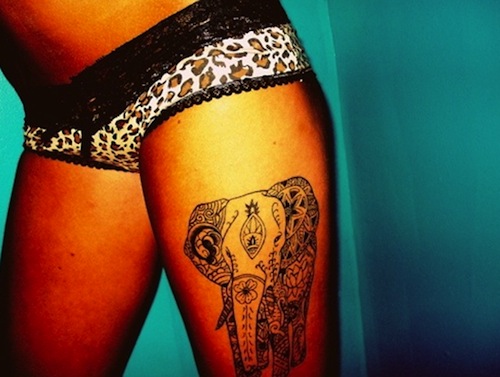 Henna Elephant Tattoo On Girl Left Thigh
