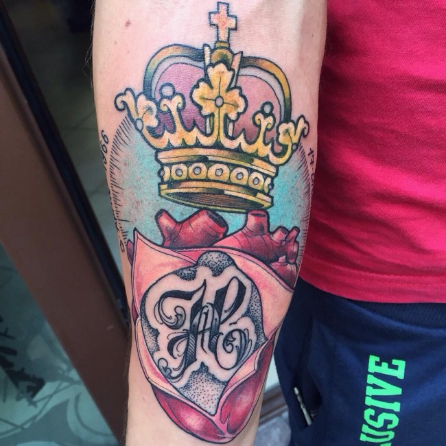 Human Heart and Crown Tattoo On Right Forearm