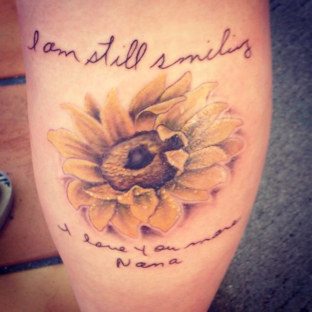I Am Still Smiling Realistic Sunflower Tattoo On Back Leg