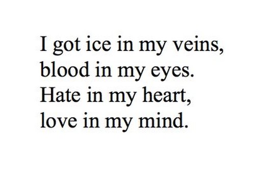 I got ice in my veins, blood in my eyes. Hate in my heart, love in my mind.
