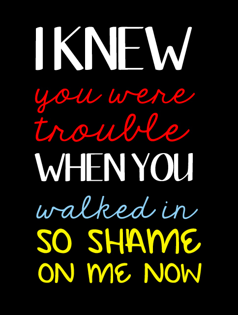 I knew you were trouble when you walked in so shame on me now.