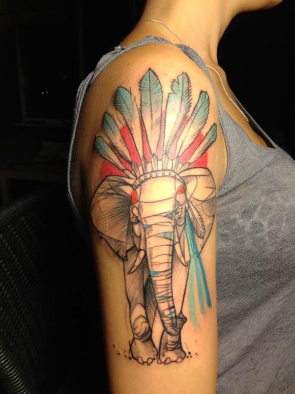 Impressive Indian Elephant Tattoo On Girl Right Half Sleeve