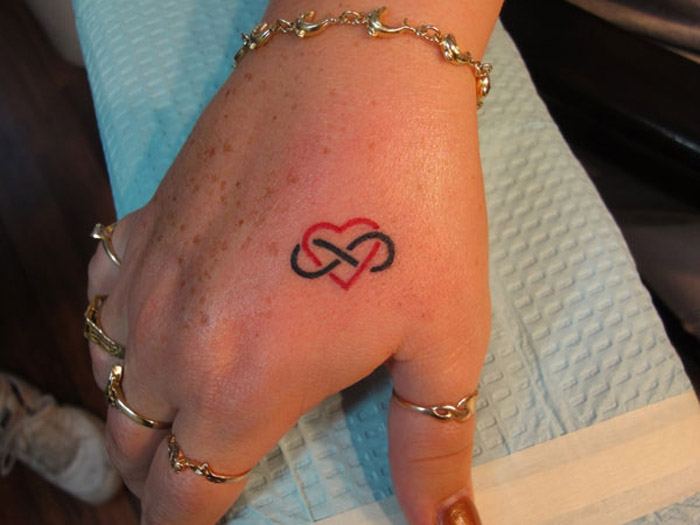 Infinity And Red Heart Tattoo On Hand For Women