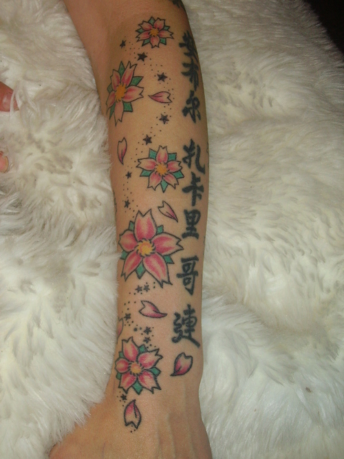 Japanese Symbols And Cherry Blossom Tattoo