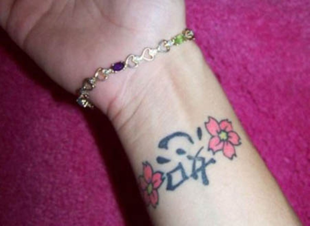 Kanji Symbol And Flower Wrist Tattoo For Girls