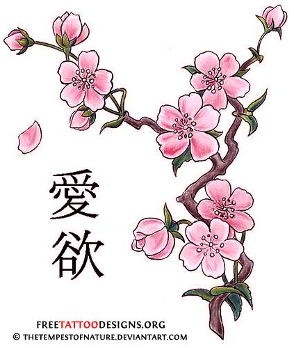 Kanji Symbols And Cherry Blossom Tattoo Design