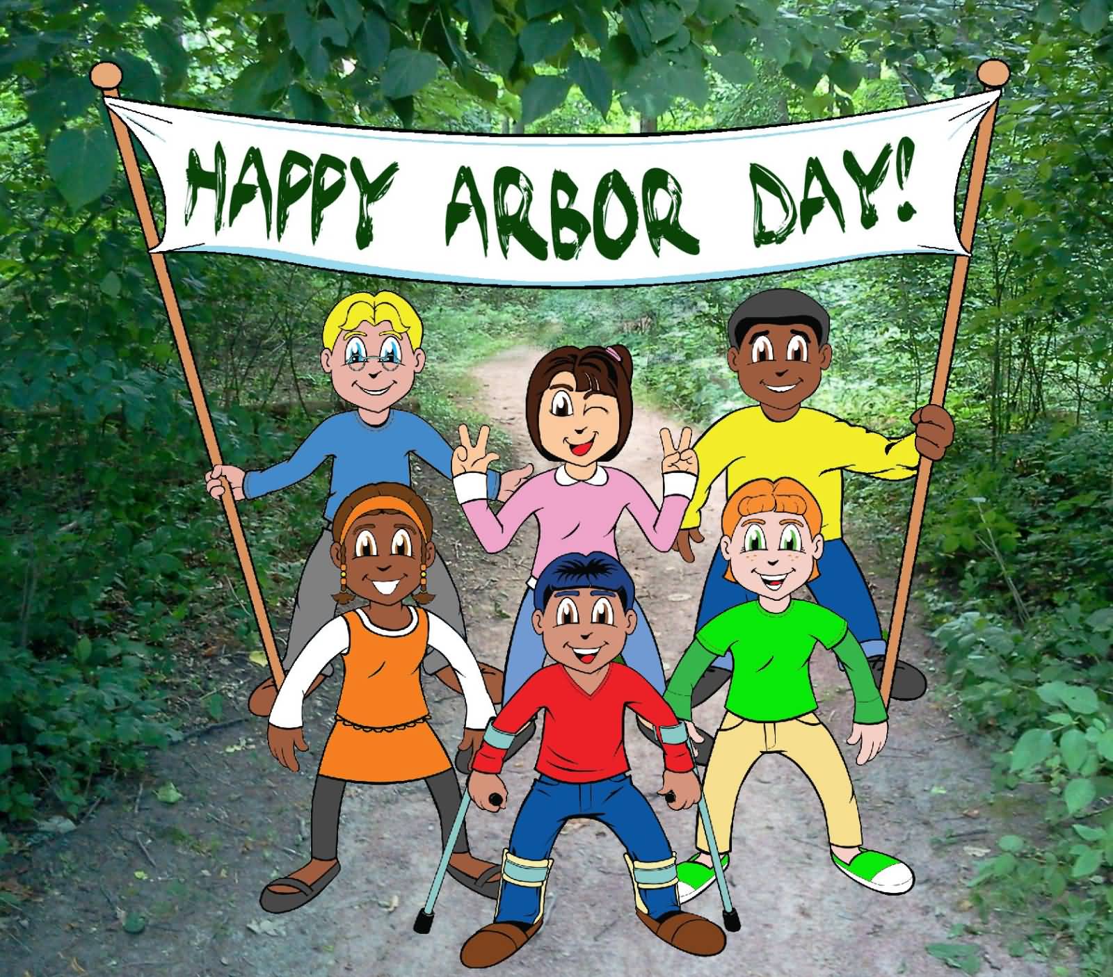 Kids With Happy Arbor Day Banner Illustration