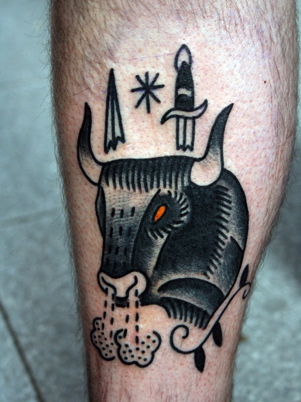 Killer Taurus Bull Traditional Tattoo On Leg