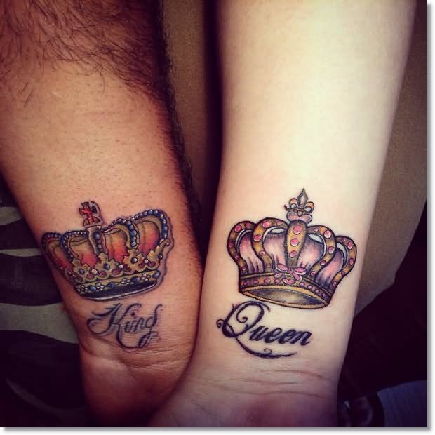King Queen Crown Tattoos On Couple Wrist