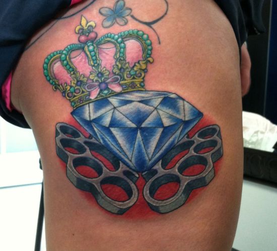 Knuckles With Diamond And Crown Tattoo