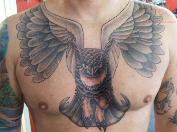 Large Wings Flying Owl Tattoo On Chest
