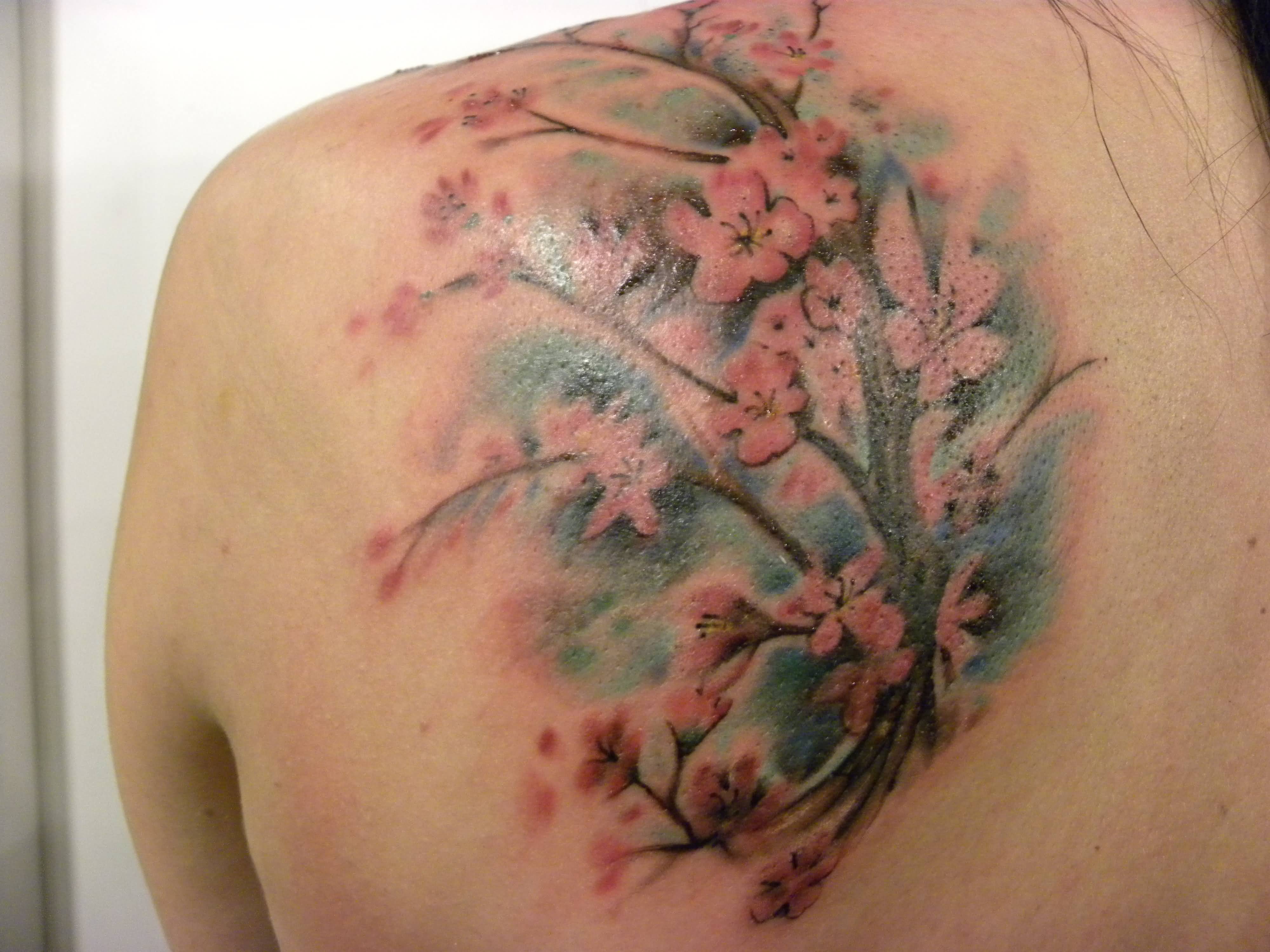 Left Back Shoulder Cherry Blossom Tattoo For Girls