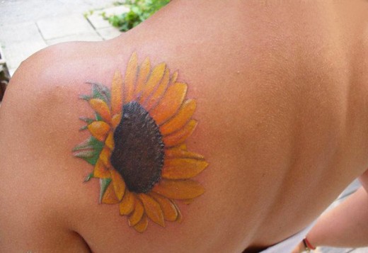 Left Back Shoulder Realistic Sunflower Tattoo For Girls