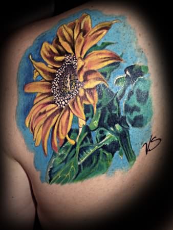Left Back Shoulder Realistic Sunflower Tattoo