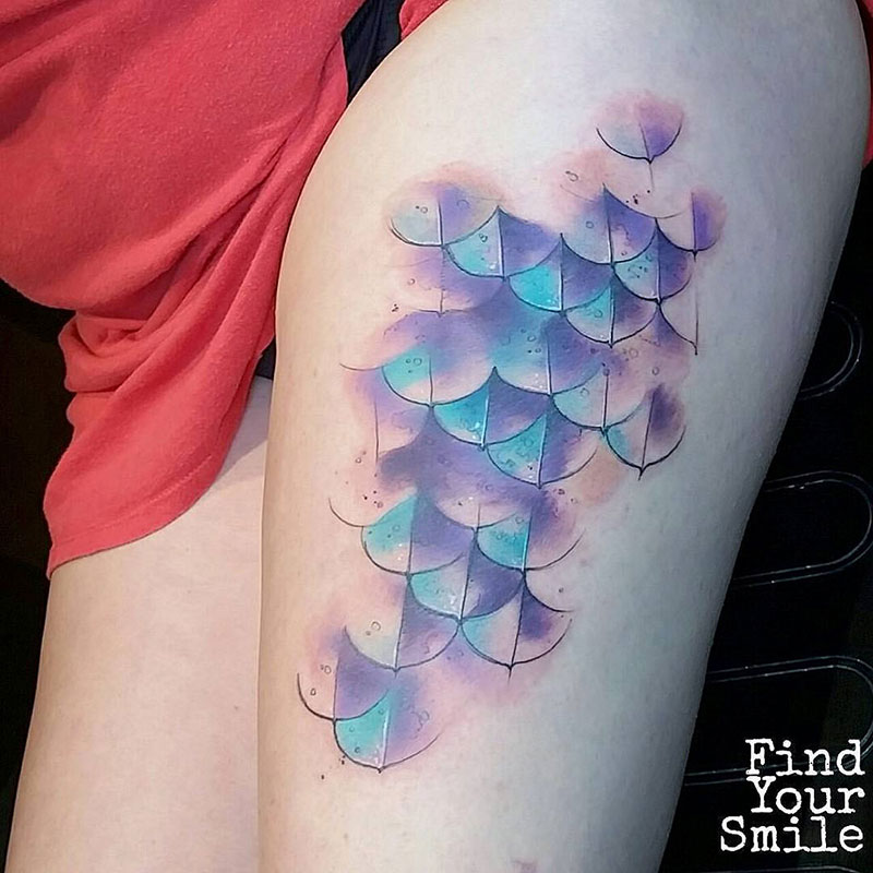 Left Thigh Mermaid Scale Tattoo For Girls