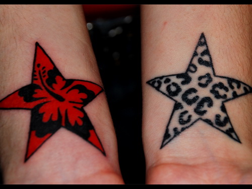 Leopard Print Star And Hawaiian Flower Star Tattoos On Wrists For Men