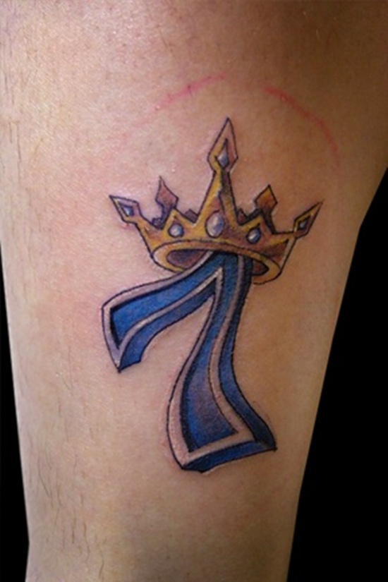 Letter 7 With Crown Tattoo On Bicep