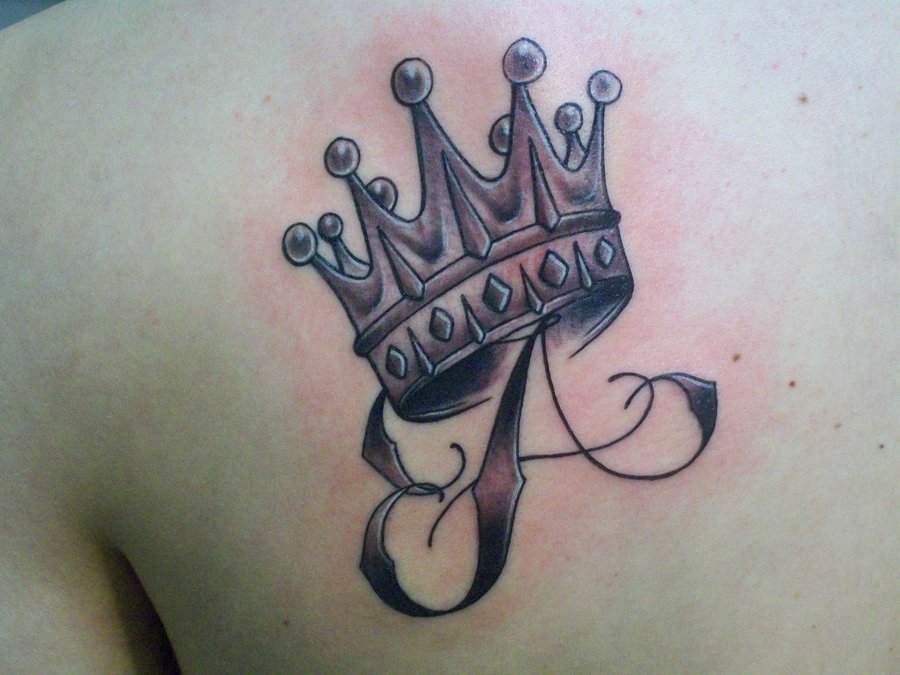 Letter A With Crown Tattoo On Left Back Shoulder