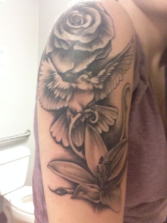 Lily Flower And Rose Flower Dove Tattoo On Right Half Sleeve