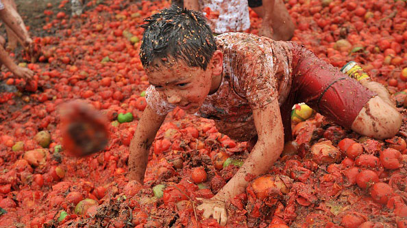 Little Boy Playing With Tomatoes During La Tomatina Festival