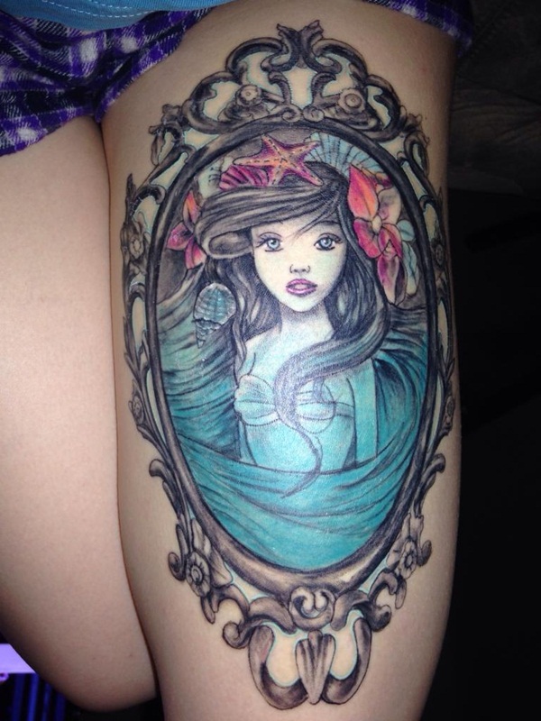 Little Mermaid In Mirror Frame Tattoo On Thigh