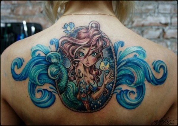 Little Mermaid Tattoo On Girl Upper Back