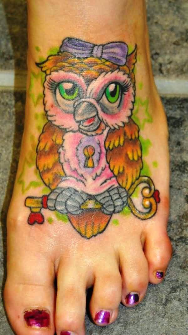 Lock Baby Owl And Key In Claws Tattoo On Left Foot