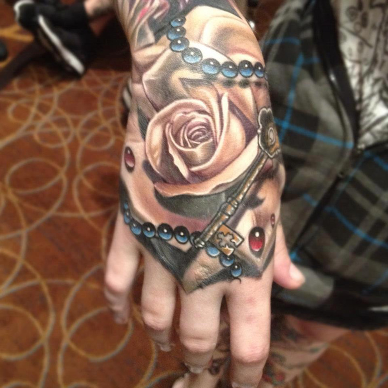 Lock Key And Rose Tattoo On Hand For Women