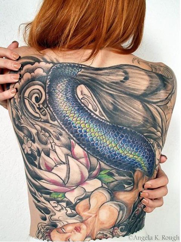 Lotus Flower And Mermaid Tattoo On Girl Back Body