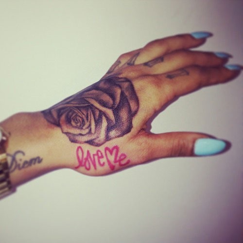 Love Me And Grey Rose Tattoo On Hand For Girls