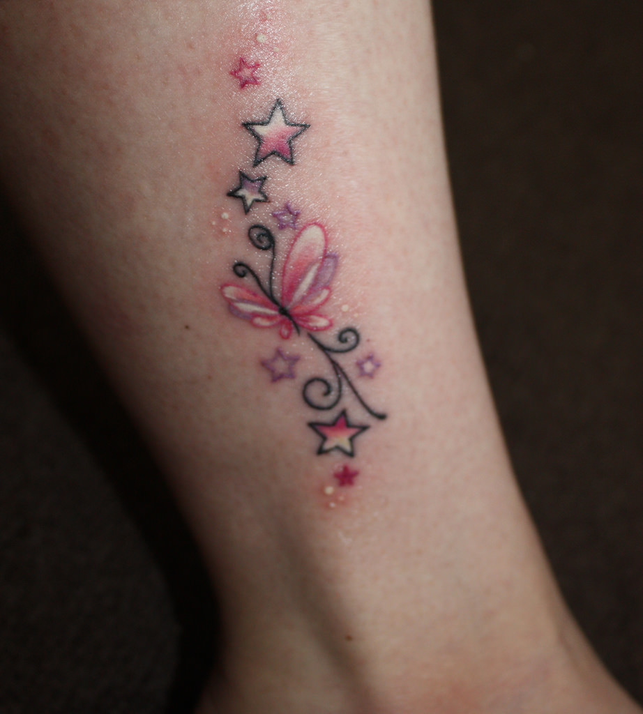 Lovely Butterfly And Stars Tattoo On Ankle By Dayakie