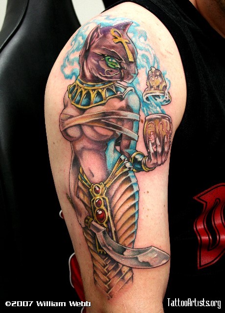 Lovely Egyptian Cat Goddess Tattoo On Half Sleeve